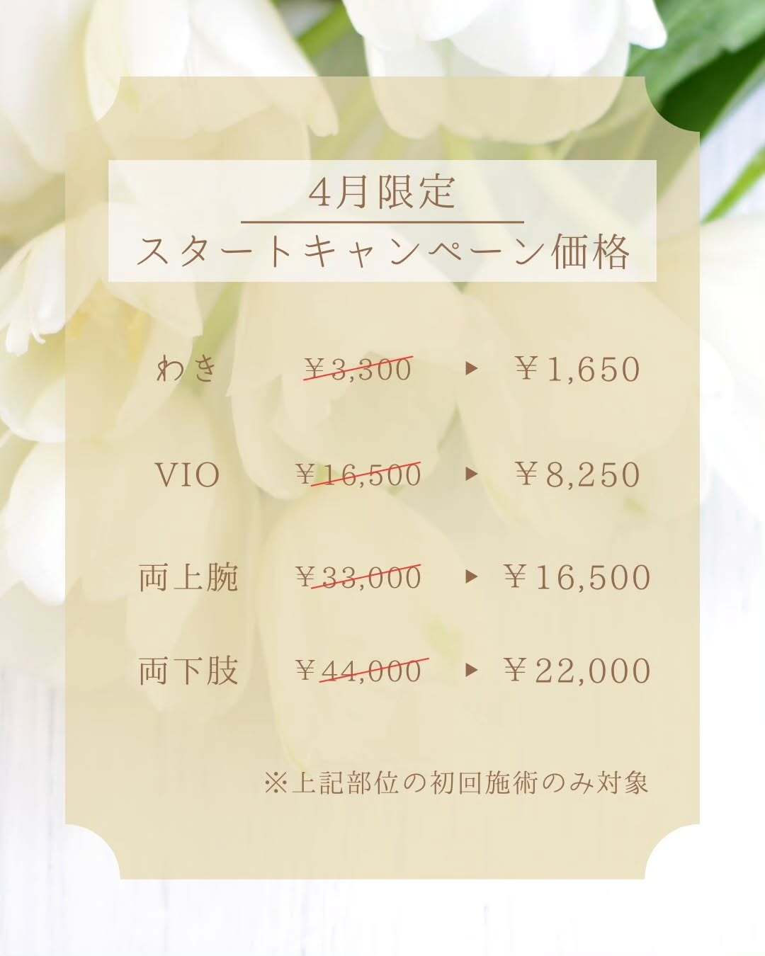 ～医療脱毛スタートキャンペーン（4月限定）～

4月1日より開始する医療脱毛のスタートキャンペーンのお知らせです。

一部部位の初回脱毛が通常価格の50%オフとなります。